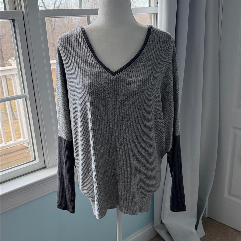 White House Black Market Gray and Black V-Neck Sweater